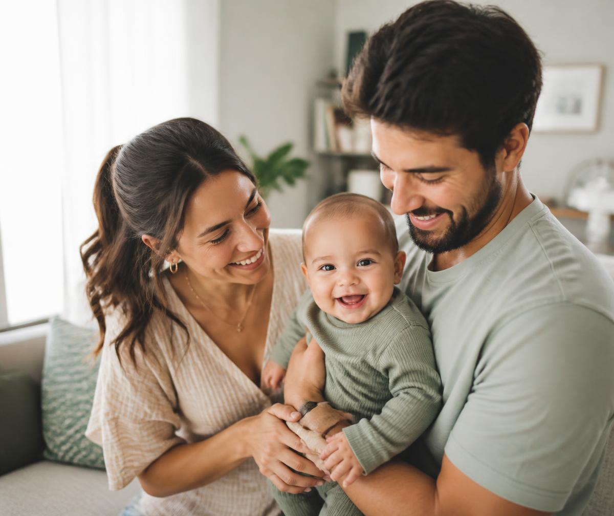 Two parents smiling as they hold their laughing baby at home