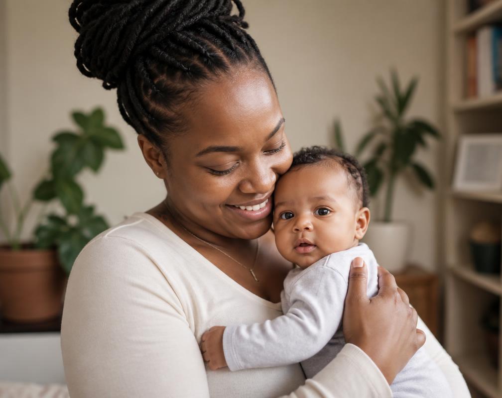 A mother holding her infant close and smiling at home